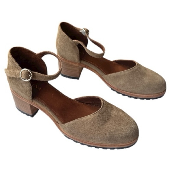 Patina Shoes - Patina by Portland Leather Suede Mary Jane Block Heel Shoes Taupe Size 10